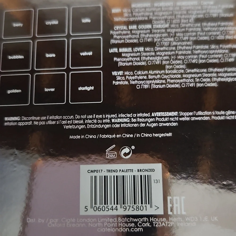 Ciatè London Bronzed 9 Piece Eye Shawdow Pallette NIB Matallic & Matte